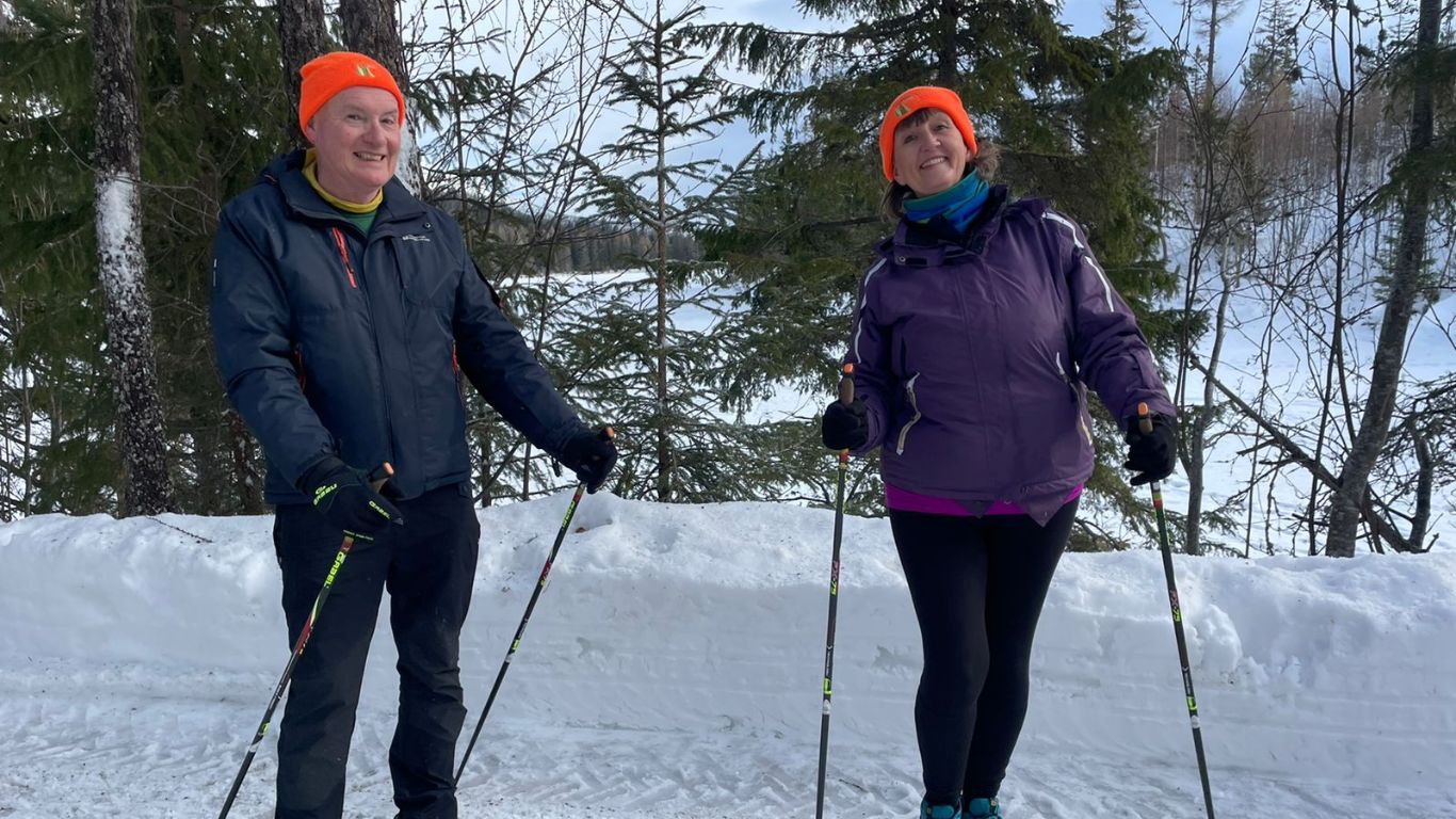 Joanne and tony with there Nordic poles in the snow